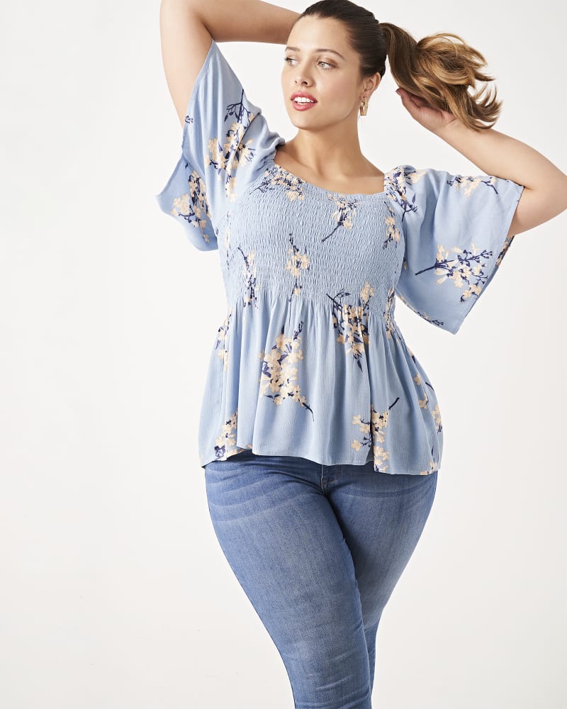 Front of plus size Carmen Floral-Print Smocked Peplum Blouse by BOBEAU | Dia&Co | dia_product_style_image_id:161055